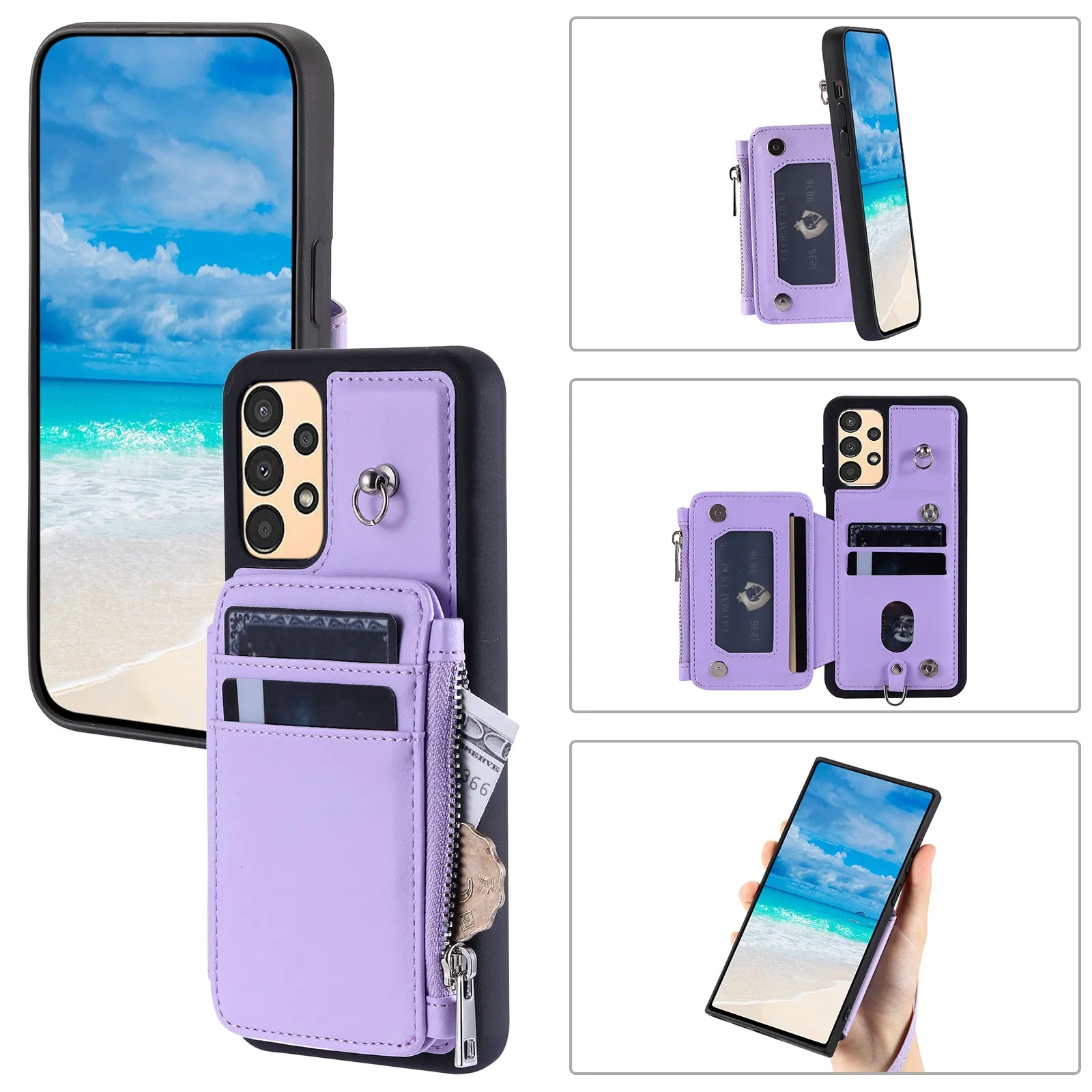 009 Shockproof Phone Case for Samsung Galaxy A53 5G , RFID Blocking PU TPU Cover Kickstand Zipper Wallet Shell with Strap