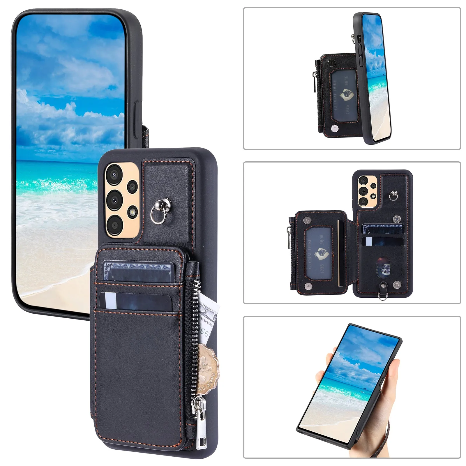 009 Shockproof Phone Case for Samsung Galaxy A53 5G , RFID Blocking PU TPU Cover Kickstand Zipper Wallet Shell with Strap