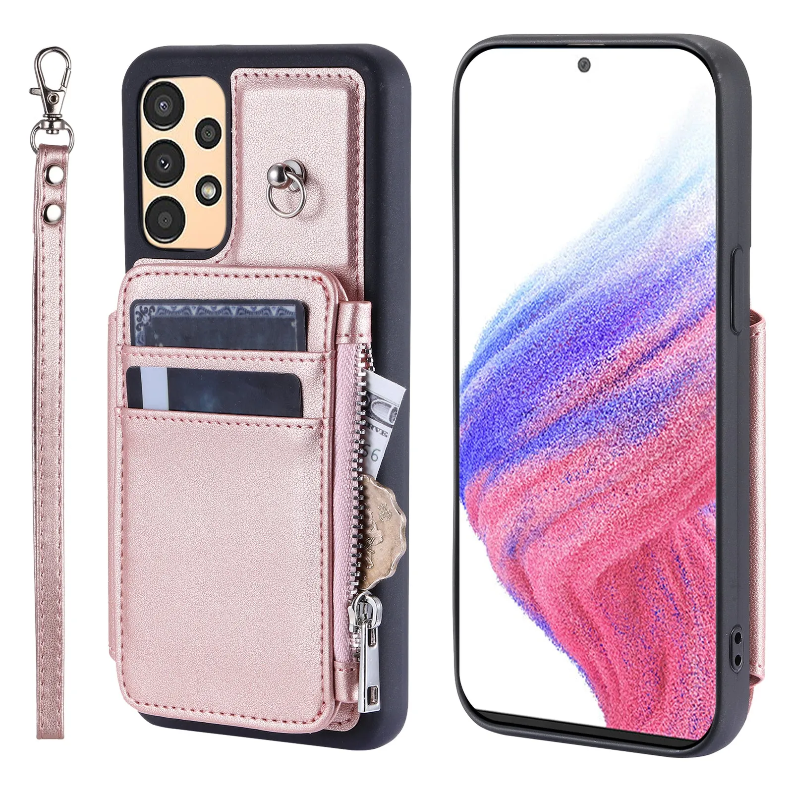 009 Shockproof Phone Case for Samsung Galaxy A53 5G , RFID Blocking PU TPU Cover Kickstand Zipper Wallet Shell with Strap