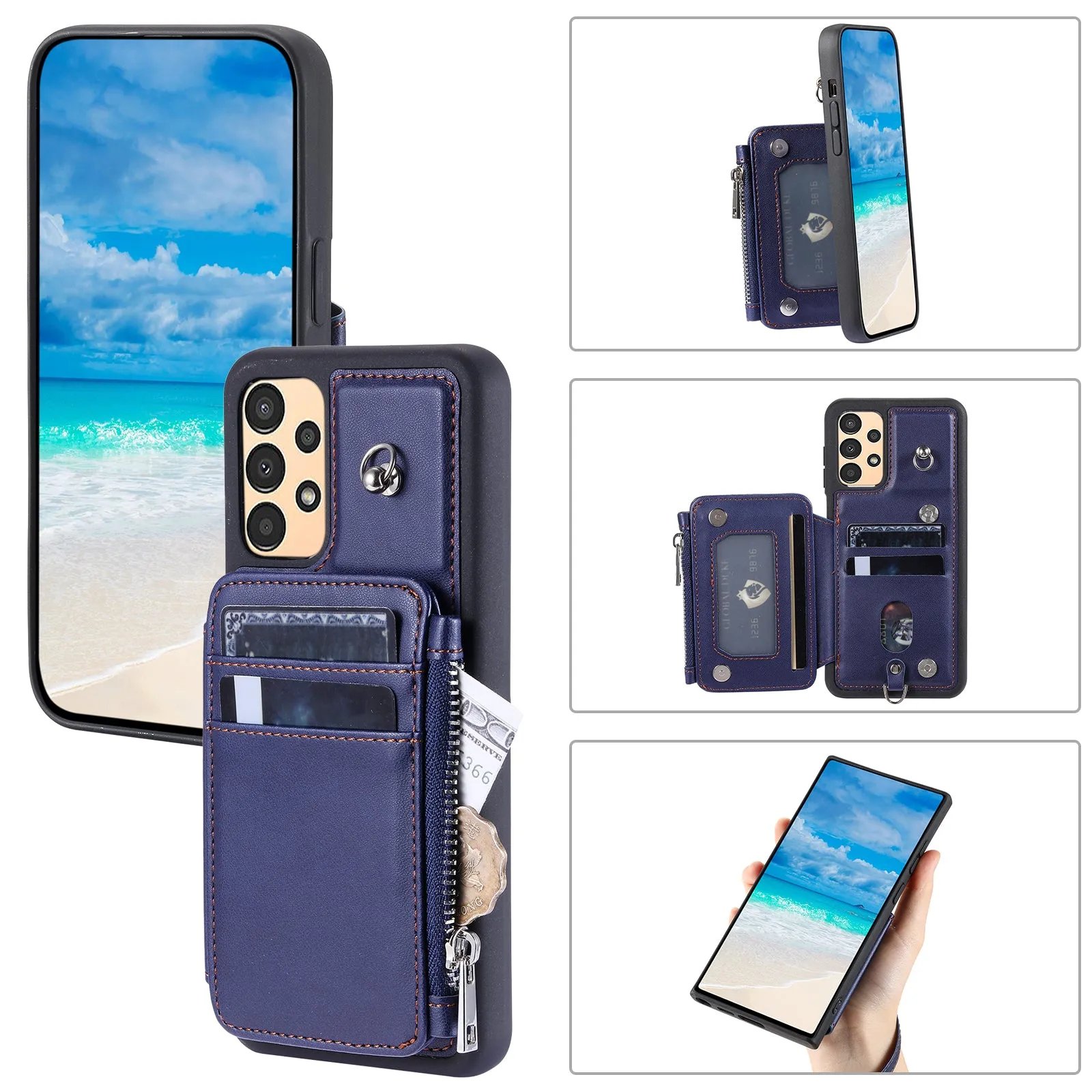 009 Shockproof Phone Case for Samsung Galaxy A53 5G , RFID Blocking PU TPU Cover Kickstand Zipper Wallet Shell with Strap