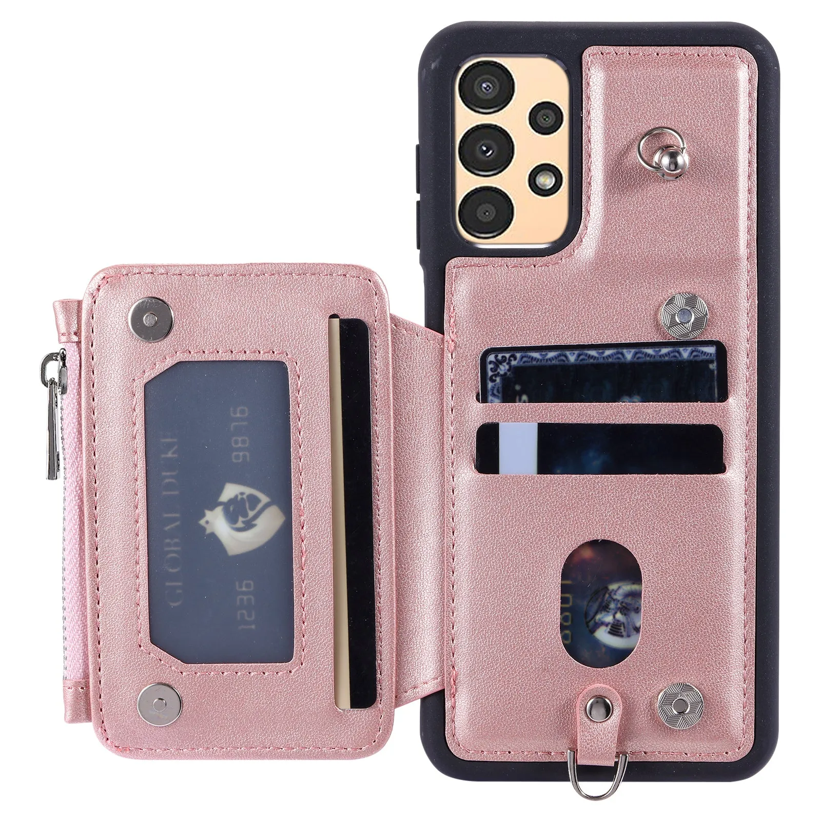 009 Shockproof Phone Case for Samsung Galaxy A53 5G , RFID Blocking PU TPU Cover Kickstand Zipper Wallet Shell with Strap