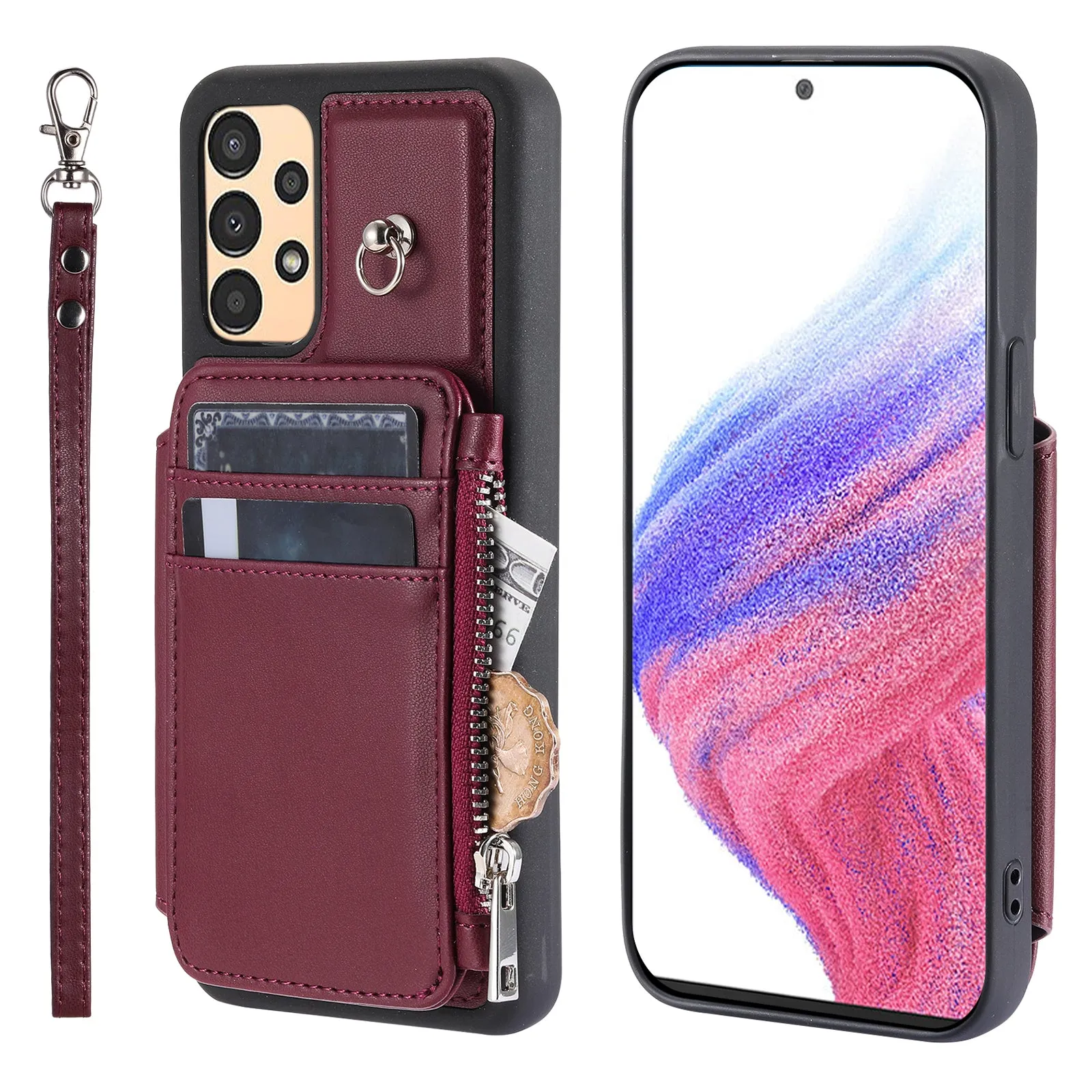 009 Shockproof Phone Case for Samsung Galaxy A53 5G , RFID Blocking PU TPU Cover Kickstand Zipper Wallet Shell with Strap