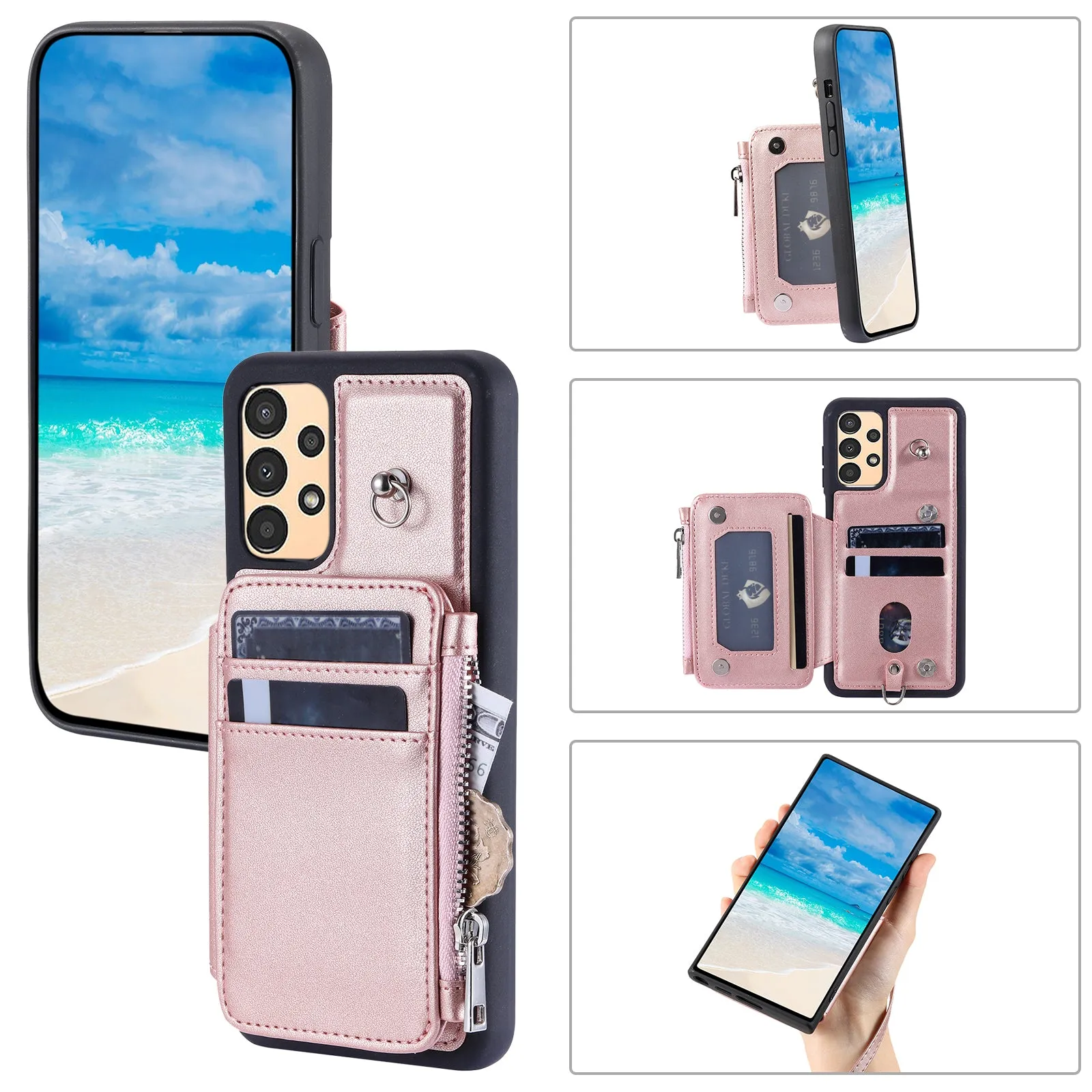 009 Shockproof Phone Case for Samsung Galaxy A53 5G , RFID Blocking PU TPU Cover Kickstand Zipper Wallet Shell with Strap