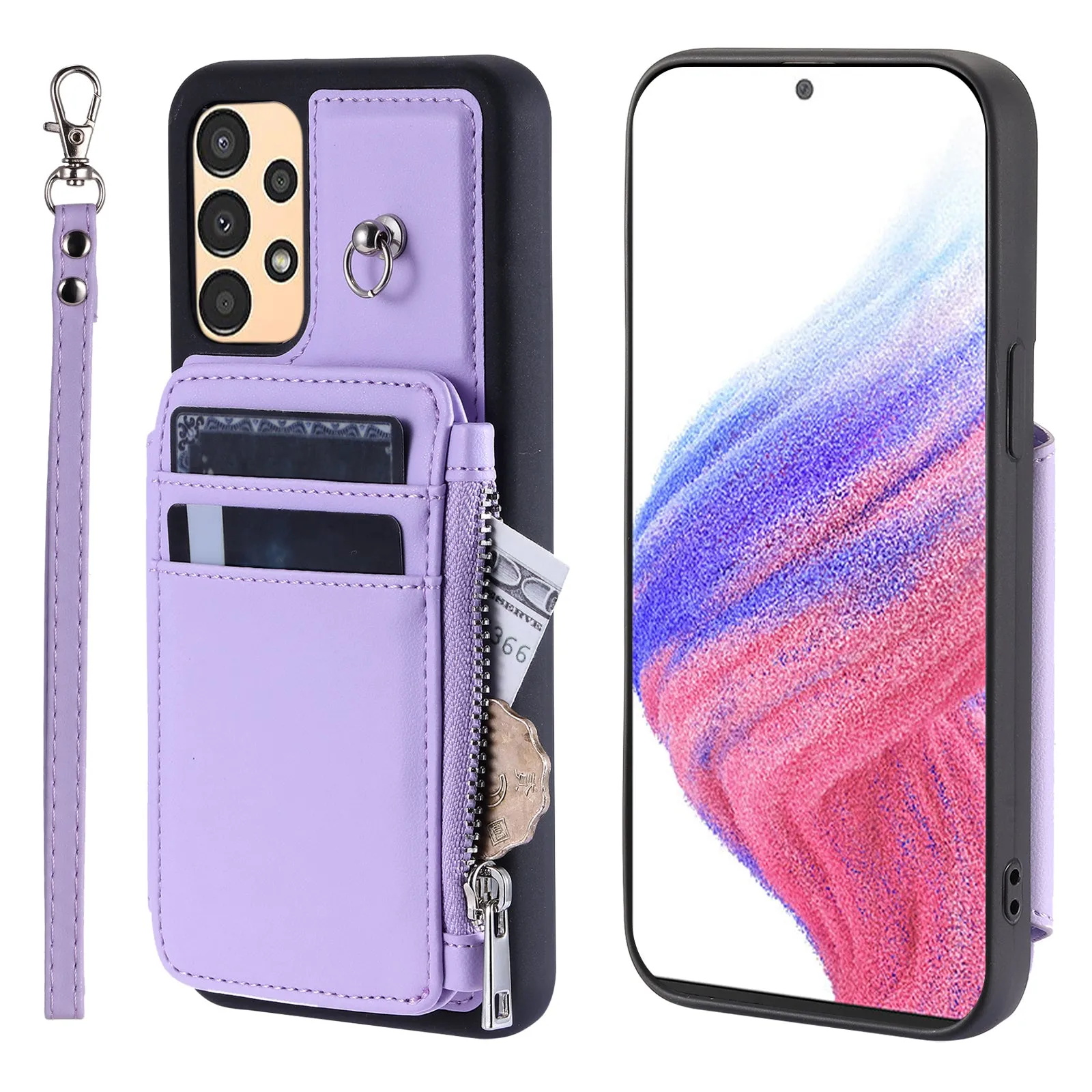 009 Shockproof Phone Case for Samsung Galaxy A53 5G , RFID Blocking PU TPU Cover Kickstand Zipper Wallet Shell with Strap