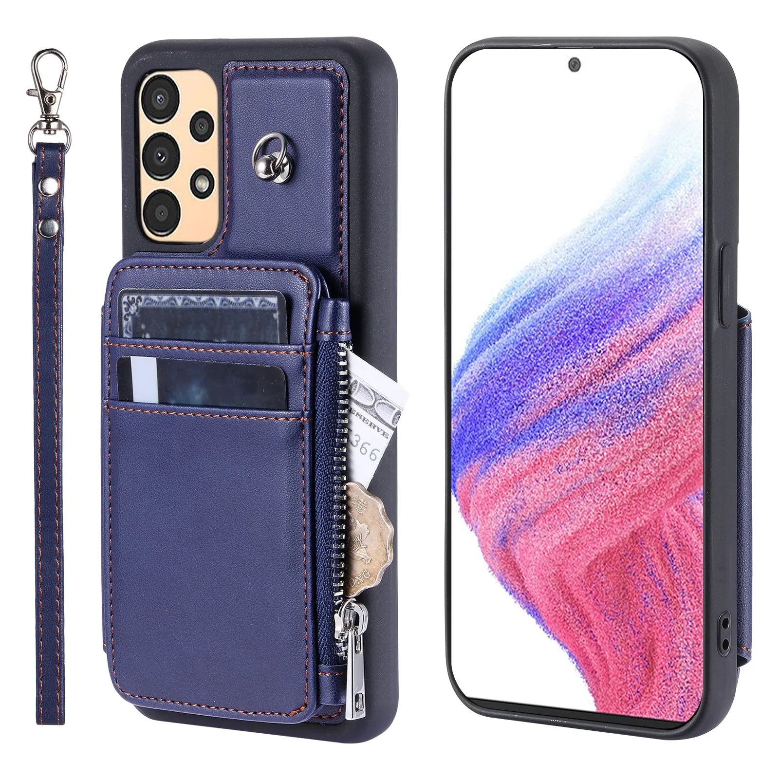 009 Shockproof Phone Case for Samsung Galaxy A53 5G , RFID Blocking PU TPU Cover Kickstand Zipper Wallet Shell with Strap