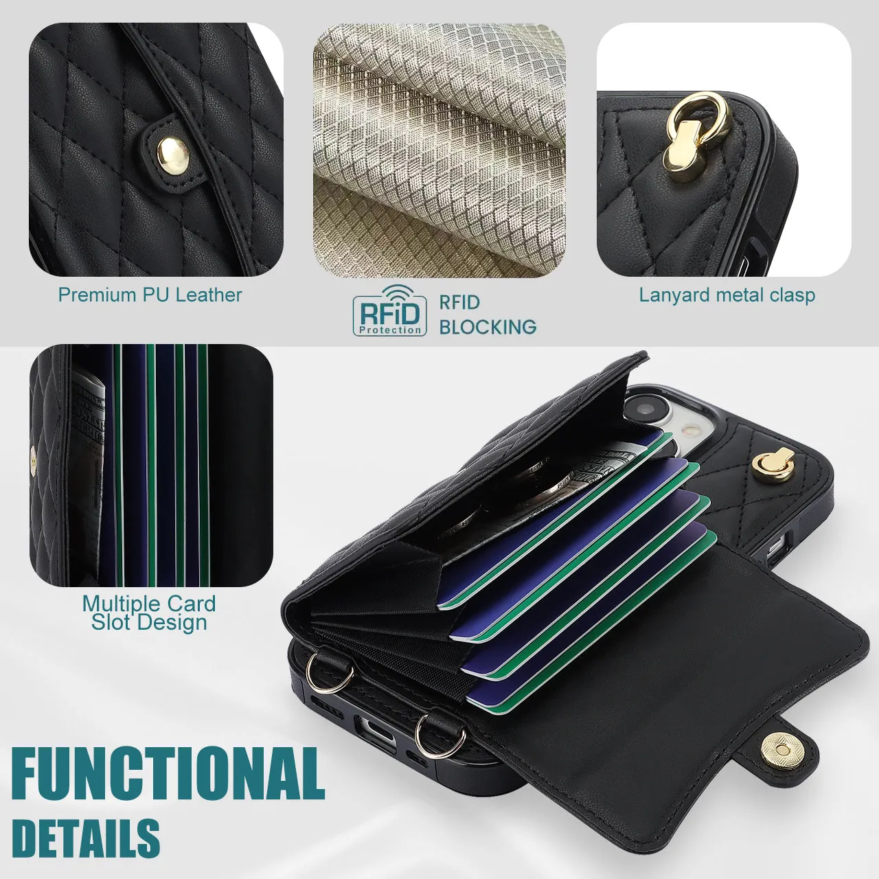 026 For iPhone 15 Plus PU Leather TPU RFID Blocking Phone Case Card Holder Kickstand Cover with 2 Straps