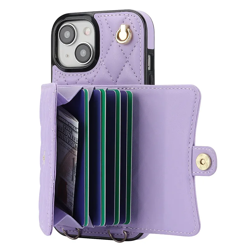 026 For iPhone 15 Plus PU Leather TPU RFID Blocking Phone Case Card Holder Kickstand Cover with 2 Straps