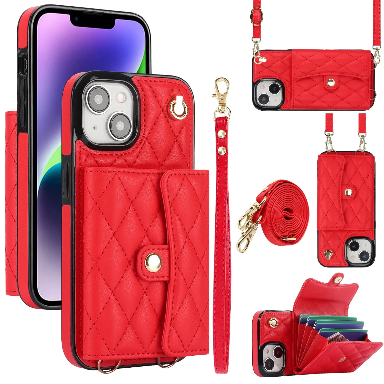 026 For iPhone 15 Plus PU Leather TPU RFID Blocking Phone Case Card Holder Kickstand Cover with 2 Straps