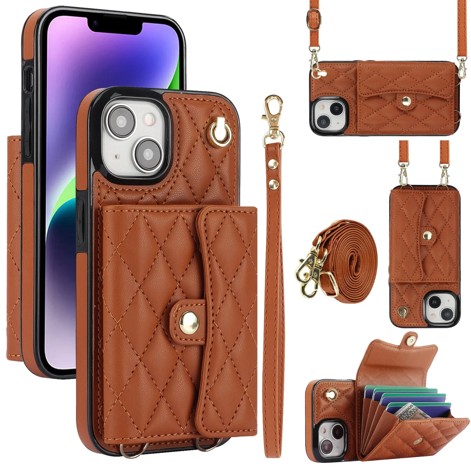 026 For iPhone 15 Plus PU Leather TPU RFID Blocking Phone Case Card Holder Kickstand Cover with 2 Straps