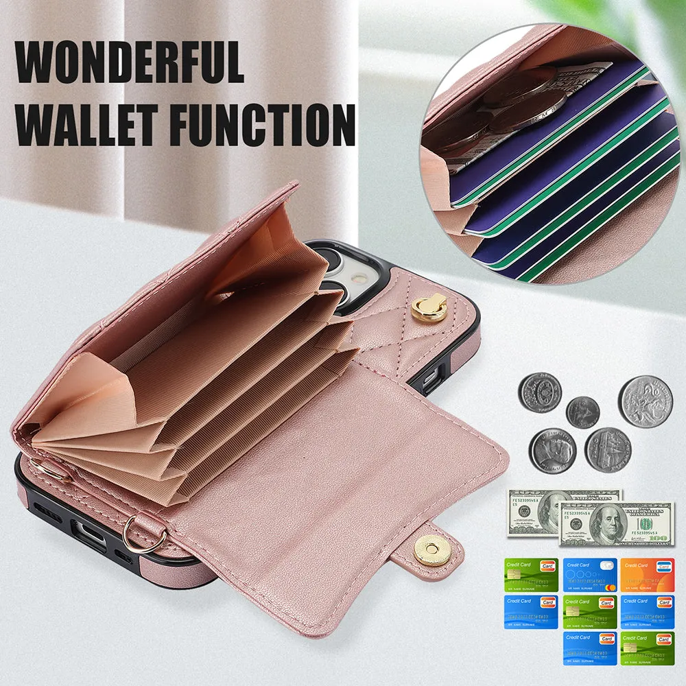 026 For iPhone 15 Plus PU Leather TPU RFID Blocking Phone Case Card Holder Kickstand Cover with 2 Straps