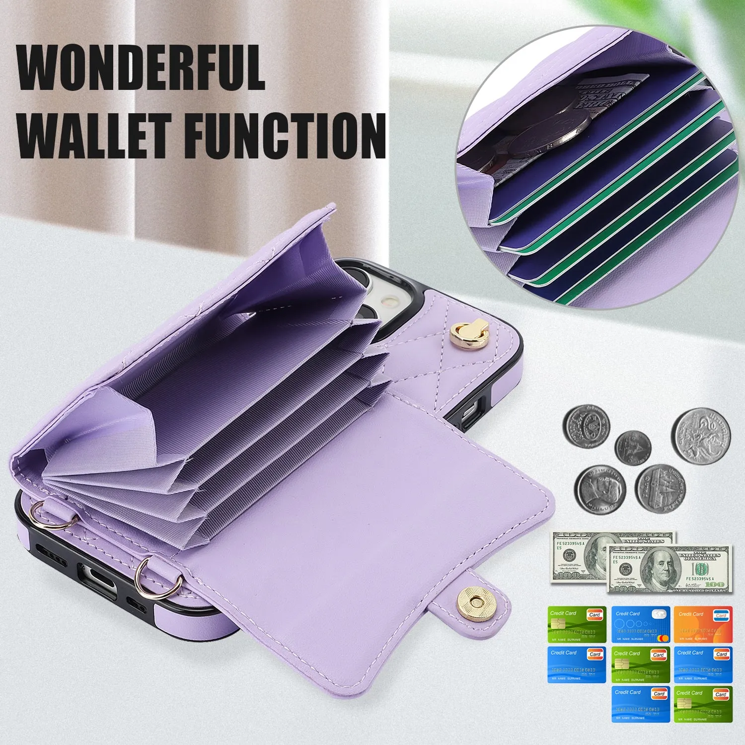 026 For iPhone 15 Plus PU Leather TPU RFID Blocking Phone Case Card Holder Kickstand Cover with 2 Straps