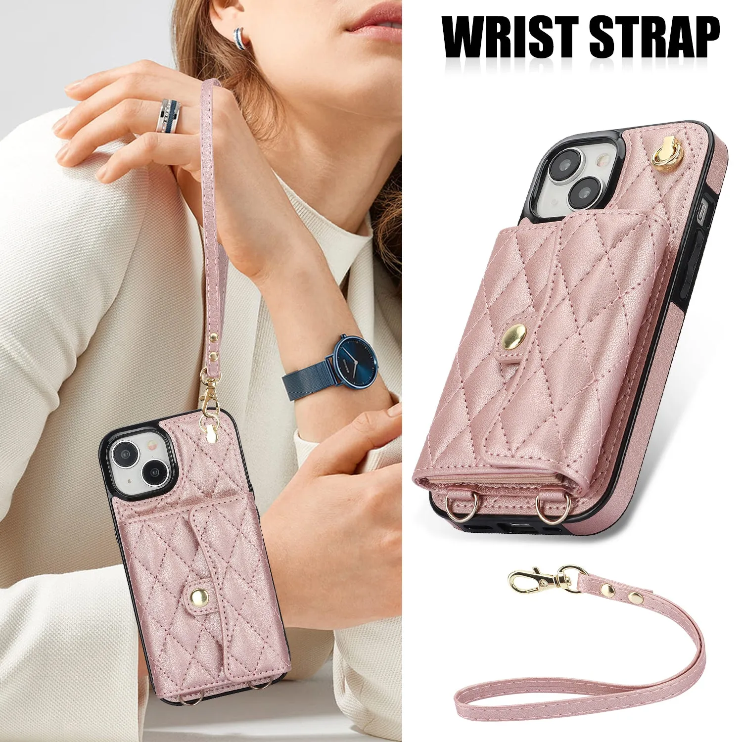 026 For iPhone 15 Plus PU Leather TPU RFID Blocking Phone Case Card Holder Kickstand Cover with 2 Straps