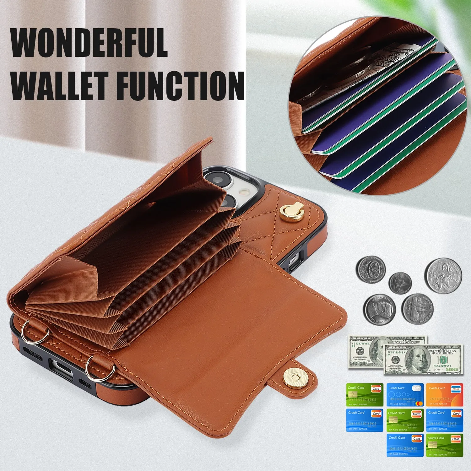 026 For iPhone 15 Plus PU Leather TPU RFID Blocking Phone Case Card Holder Kickstand Cover with 2 Straps