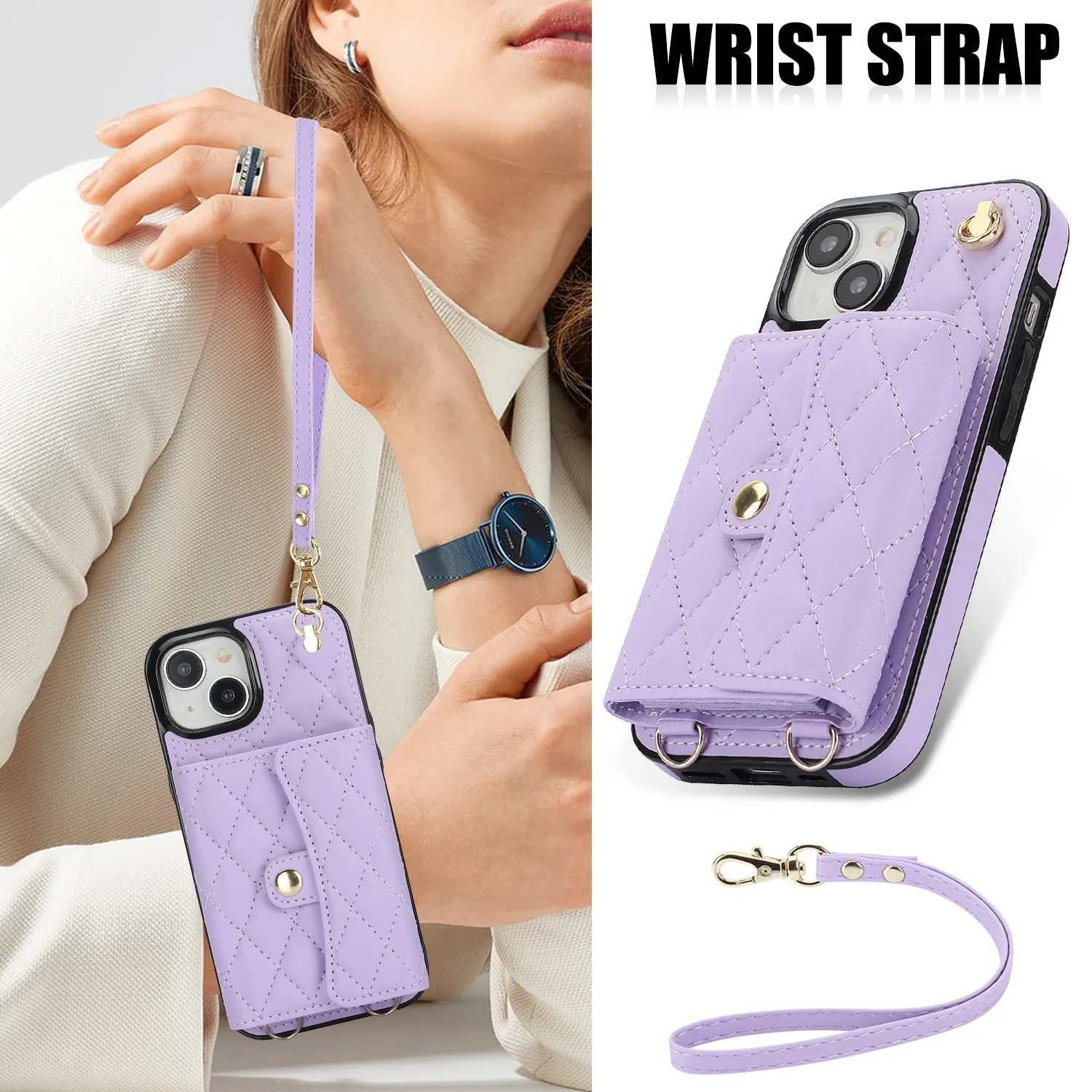 026 For iPhone 15 Plus PU Leather TPU RFID Blocking Phone Case Card Holder Kickstand Cover with 2 Straps