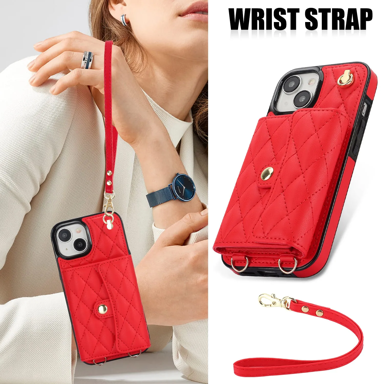 026 For iPhone 15 Plus PU Leather TPU RFID Blocking Phone Case Card Holder Kickstand Cover with 2 Straps