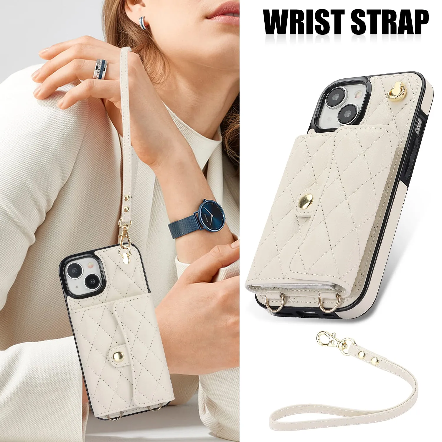 026 For iPhone 15 Plus PU Leather TPU RFID Blocking Phone Case Card Holder Kickstand Cover with 2 Straps