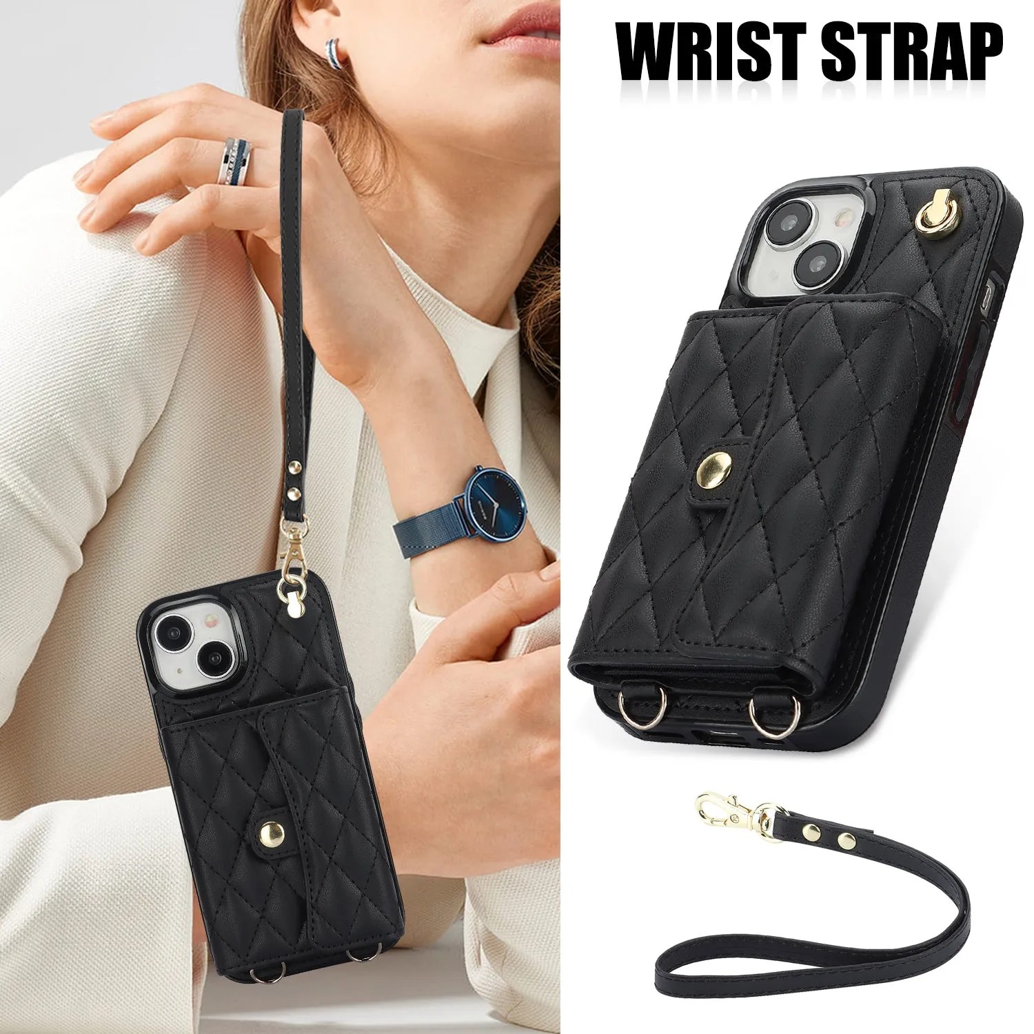 026 For iPhone 15 Plus PU Leather TPU RFID Blocking Phone Case Card Holder Kickstand Cover with 2 Straps