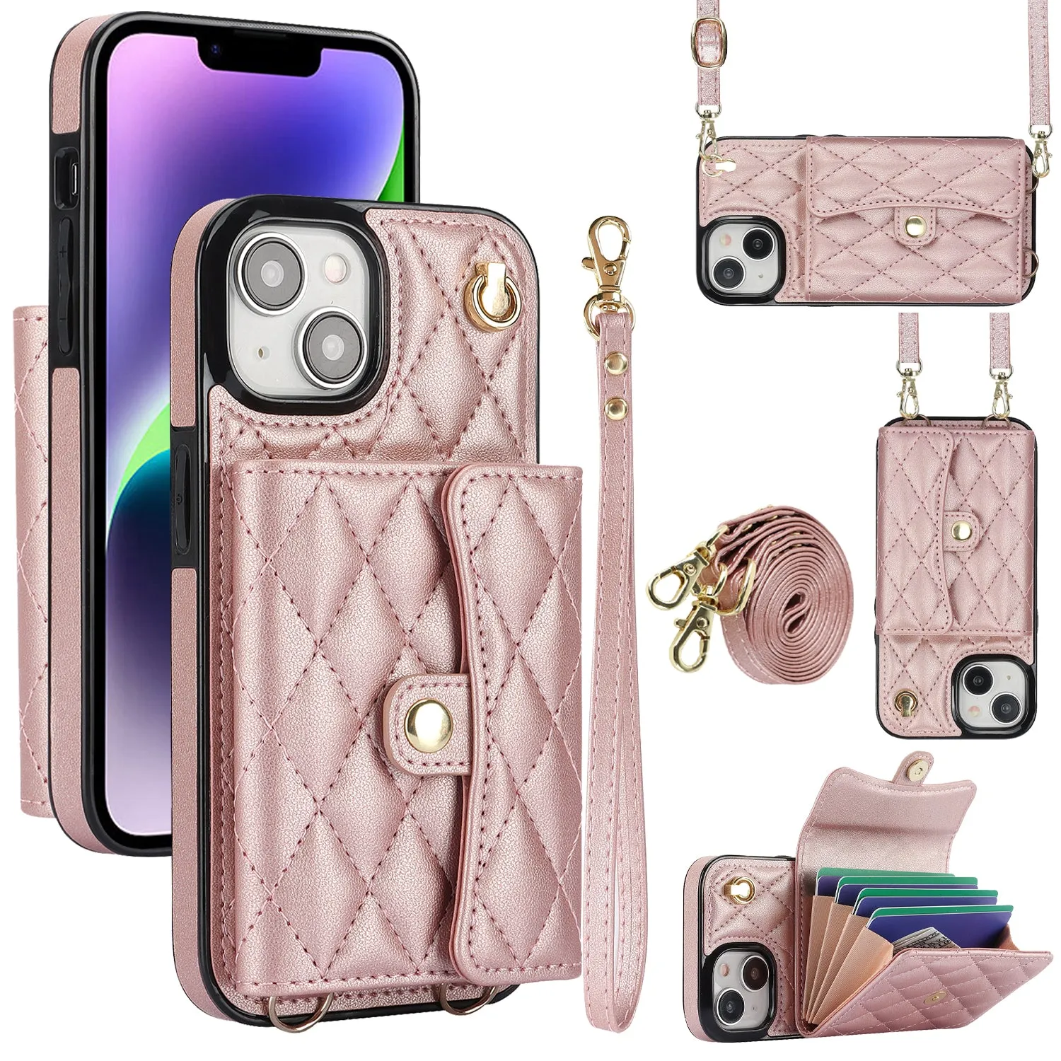 026 For iPhone 15 Plus PU Leather TPU RFID Blocking Phone Case Card Holder Kickstand Cover with 2 Straps