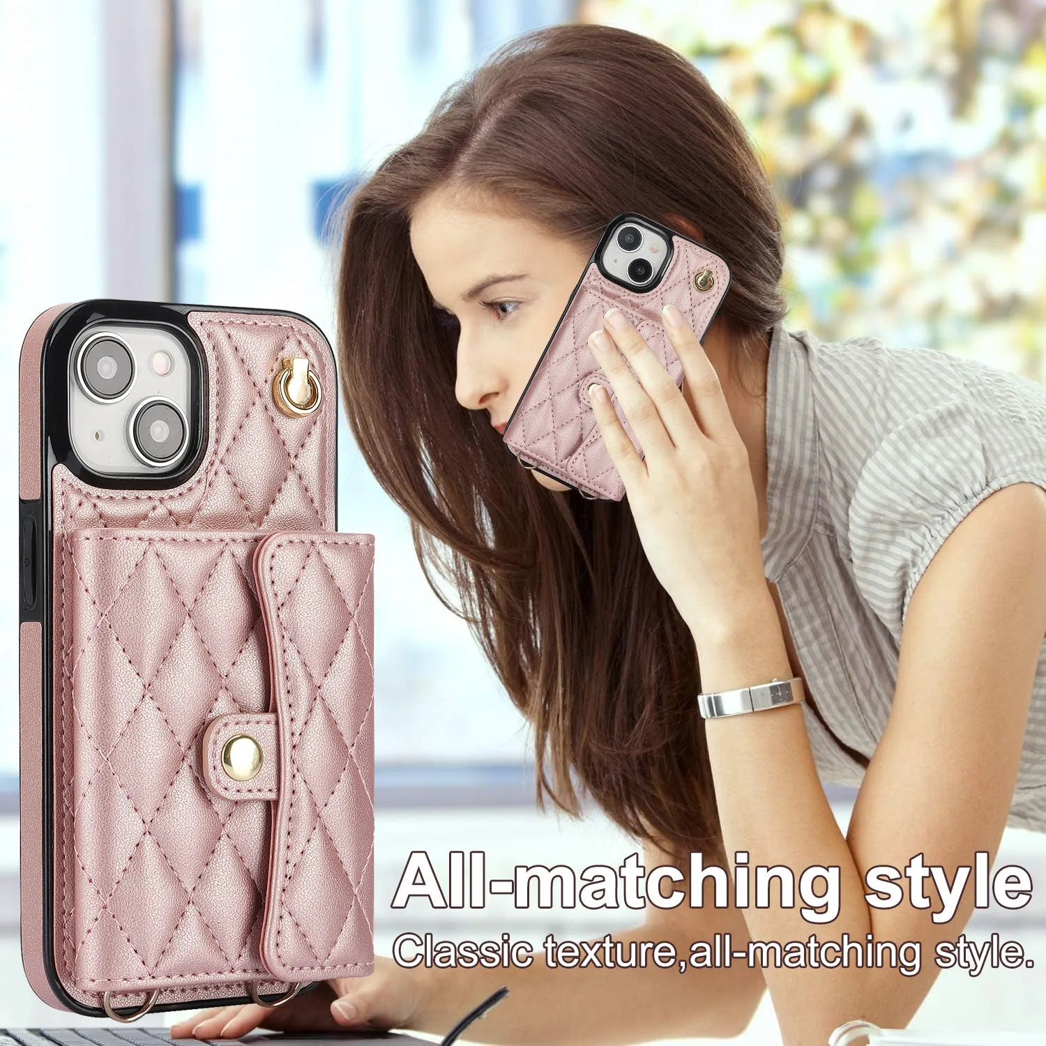 026 For iPhone 15 Plus PU Leather TPU RFID Blocking Phone Case Card Holder Kickstand Cover with 2 Straps