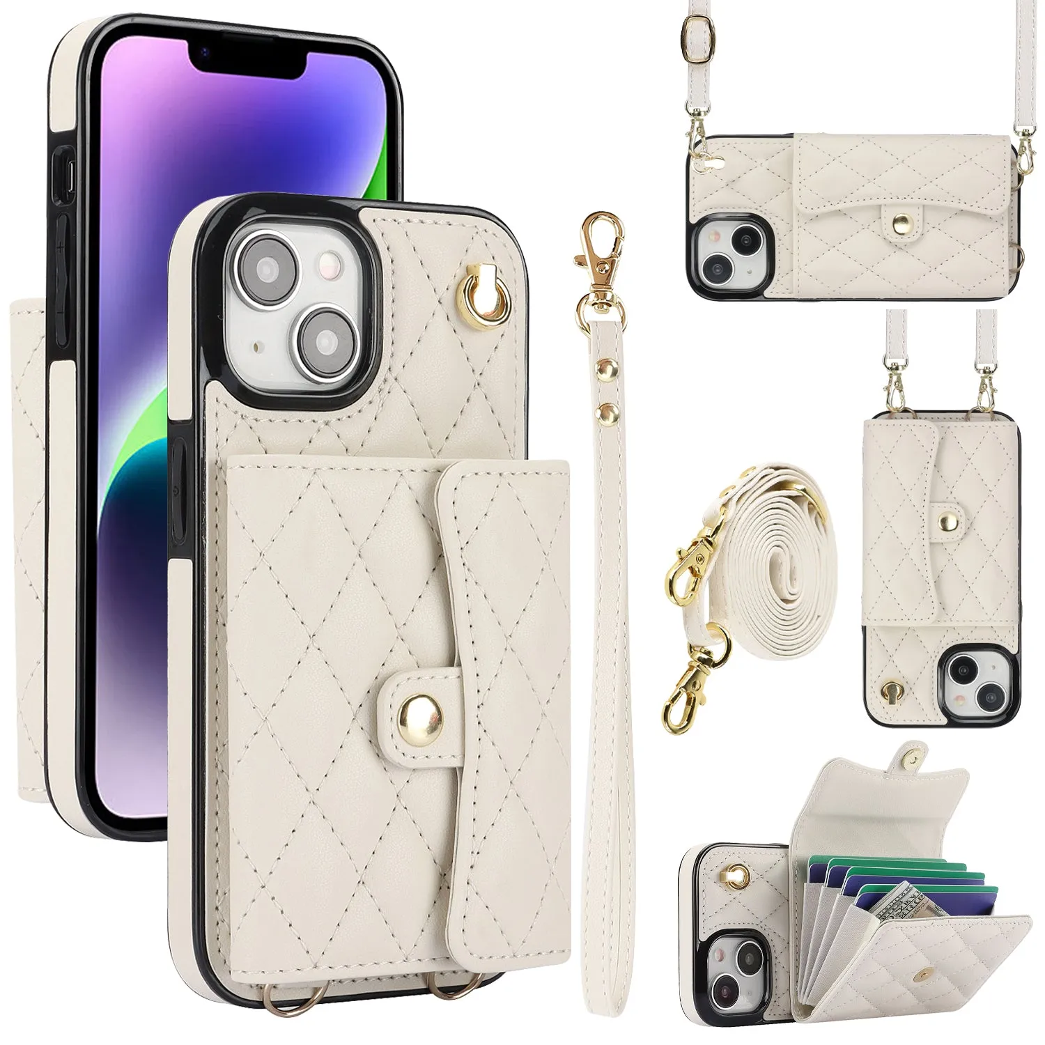 026 For iPhone 15 Plus PU Leather TPU RFID Blocking Phone Case Card Holder Kickstand Cover with 2 Straps