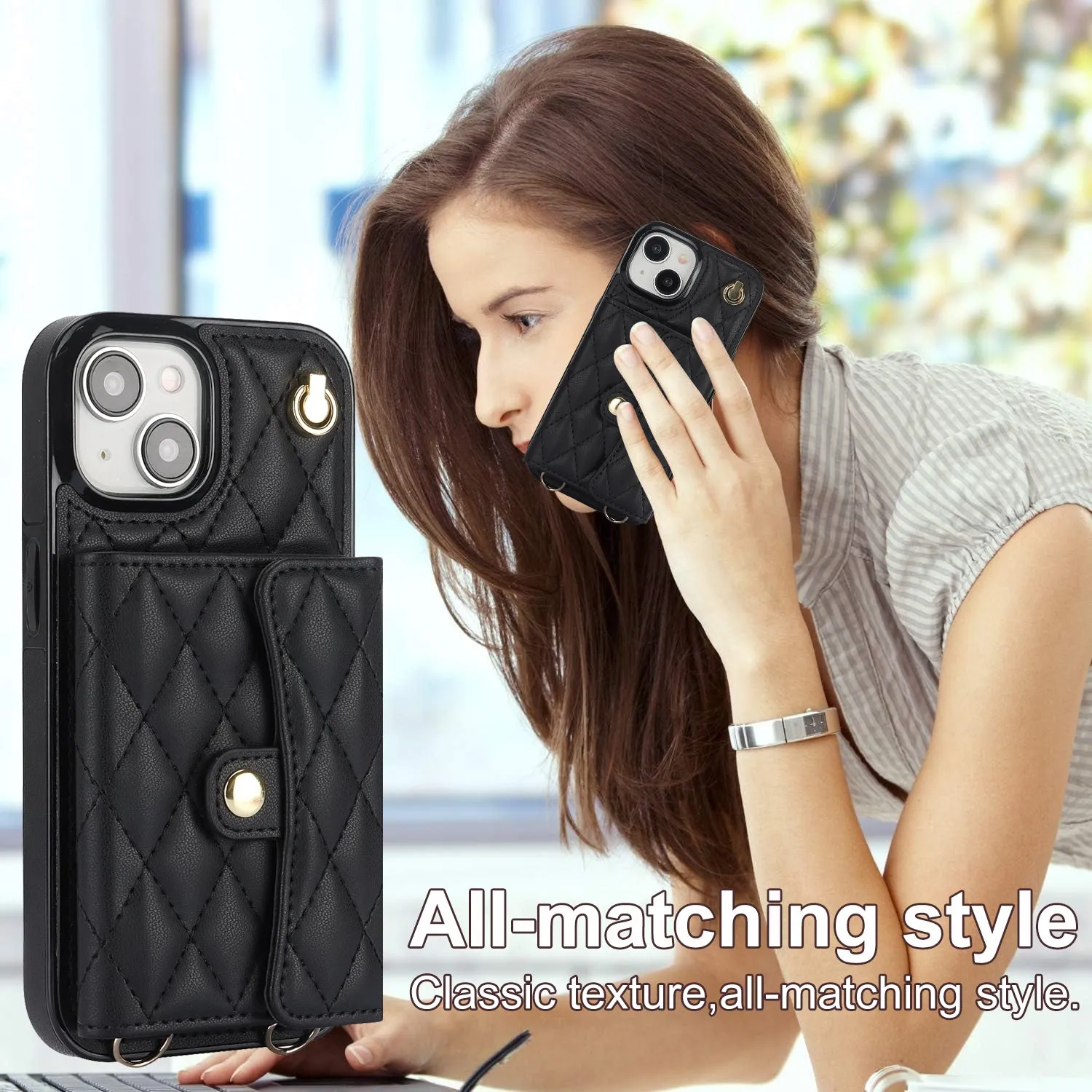 026 For iPhone 15 Plus PU Leather TPU RFID Blocking Phone Case Card Holder Kickstand Cover with 2 Straps