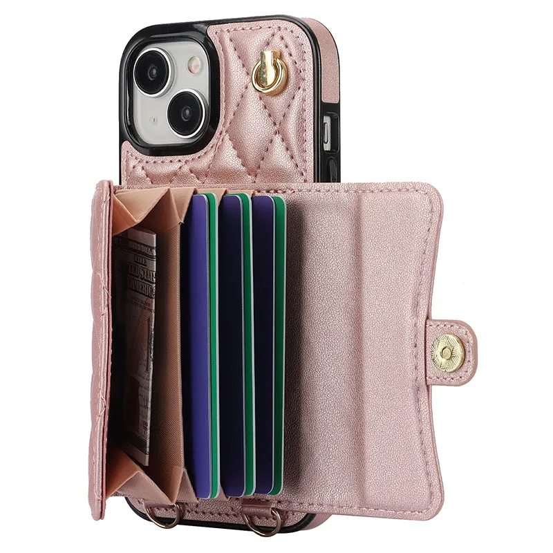 026 For iPhone 15 Plus PU Leather TPU RFID Blocking Phone Case Card Holder Kickstand Cover with 2 Straps