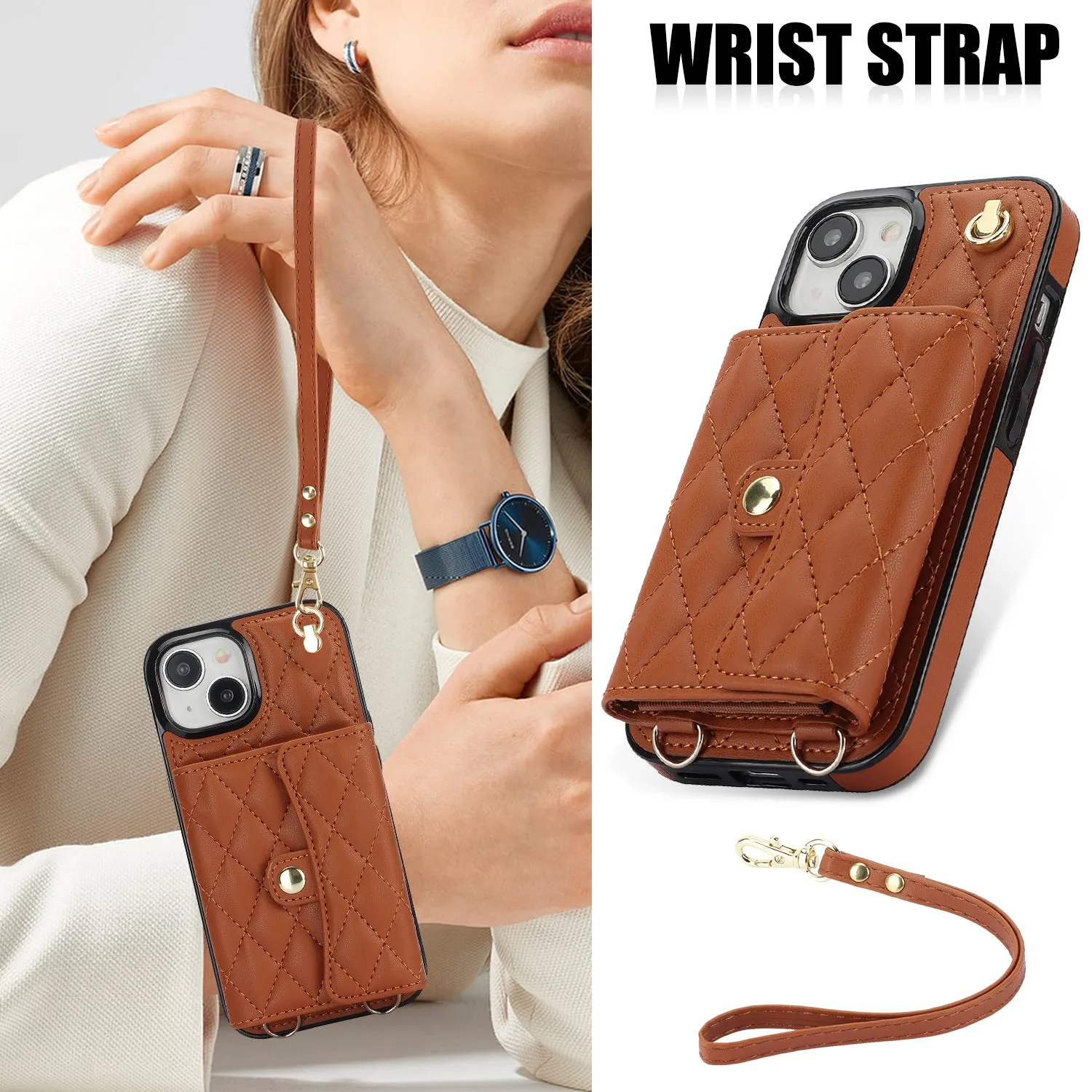 026 For iPhone 15 Plus PU Leather TPU RFID Blocking Phone Case Card Holder Kickstand Cover with 2 Straps