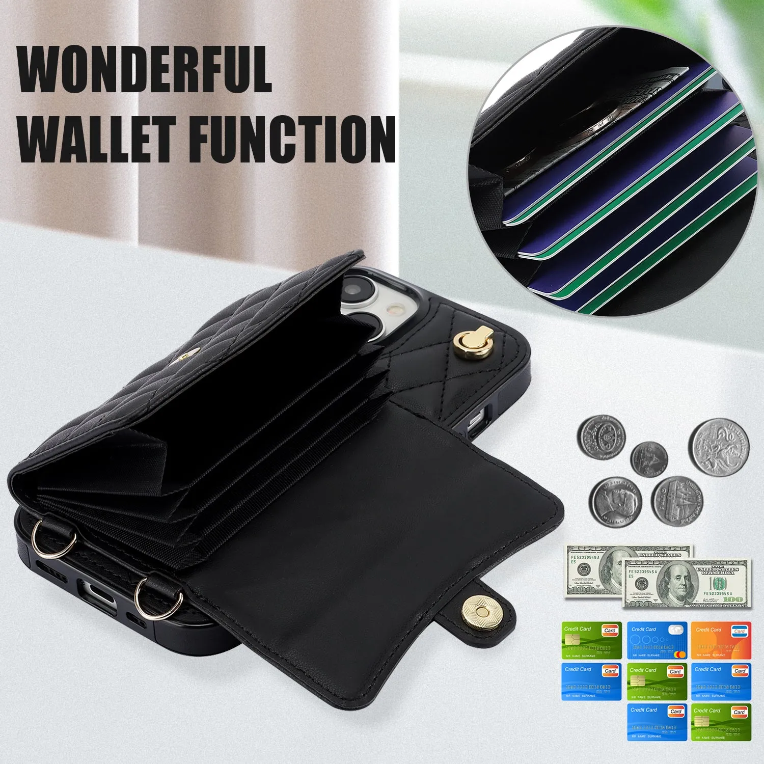 026 For iPhone 15 Plus PU Leather TPU RFID Blocking Phone Case Card Holder Kickstand Cover with 2 Straps