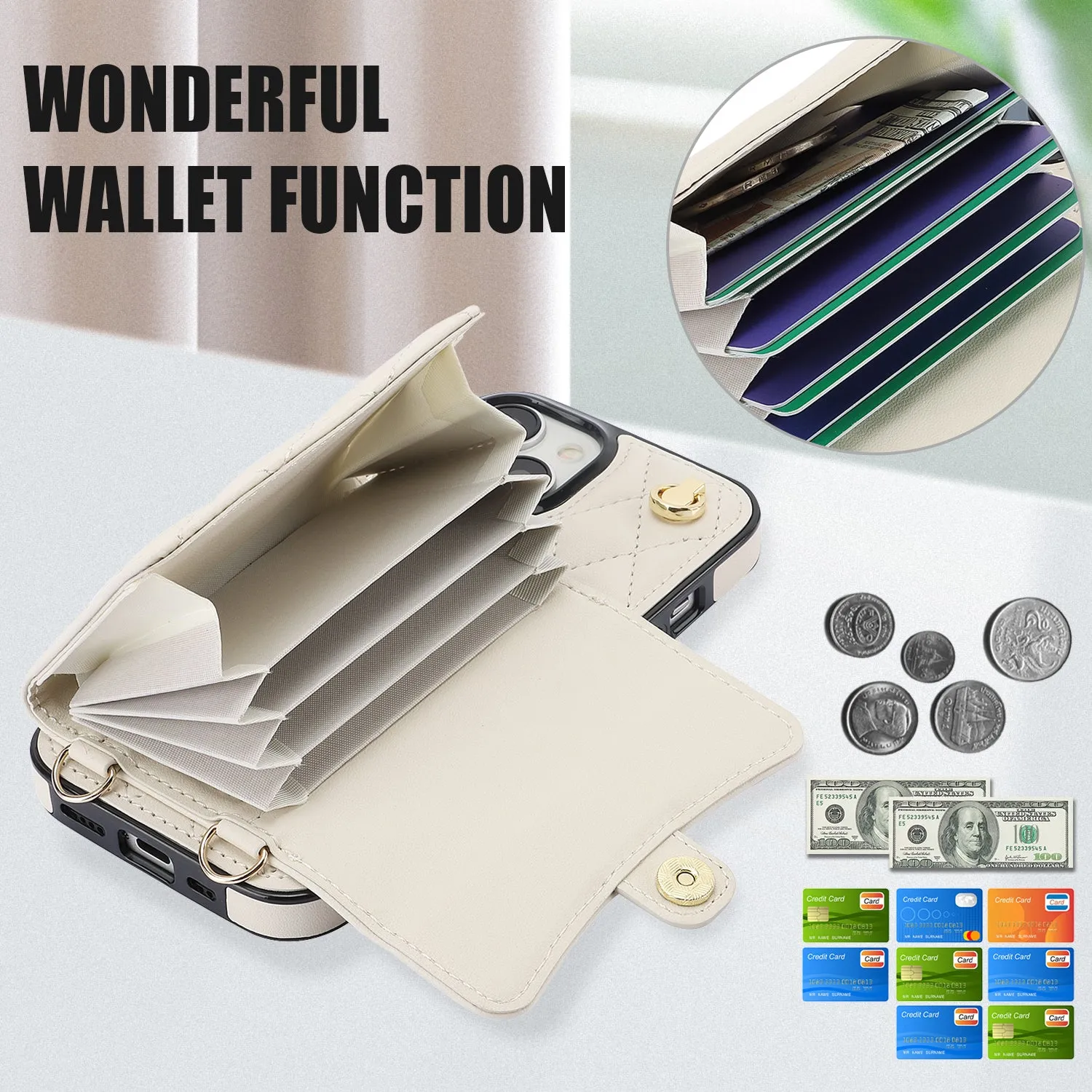 026 For iPhone 15 Plus PU Leather TPU RFID Blocking Phone Case Card Holder Kickstand Cover with 2 Straps