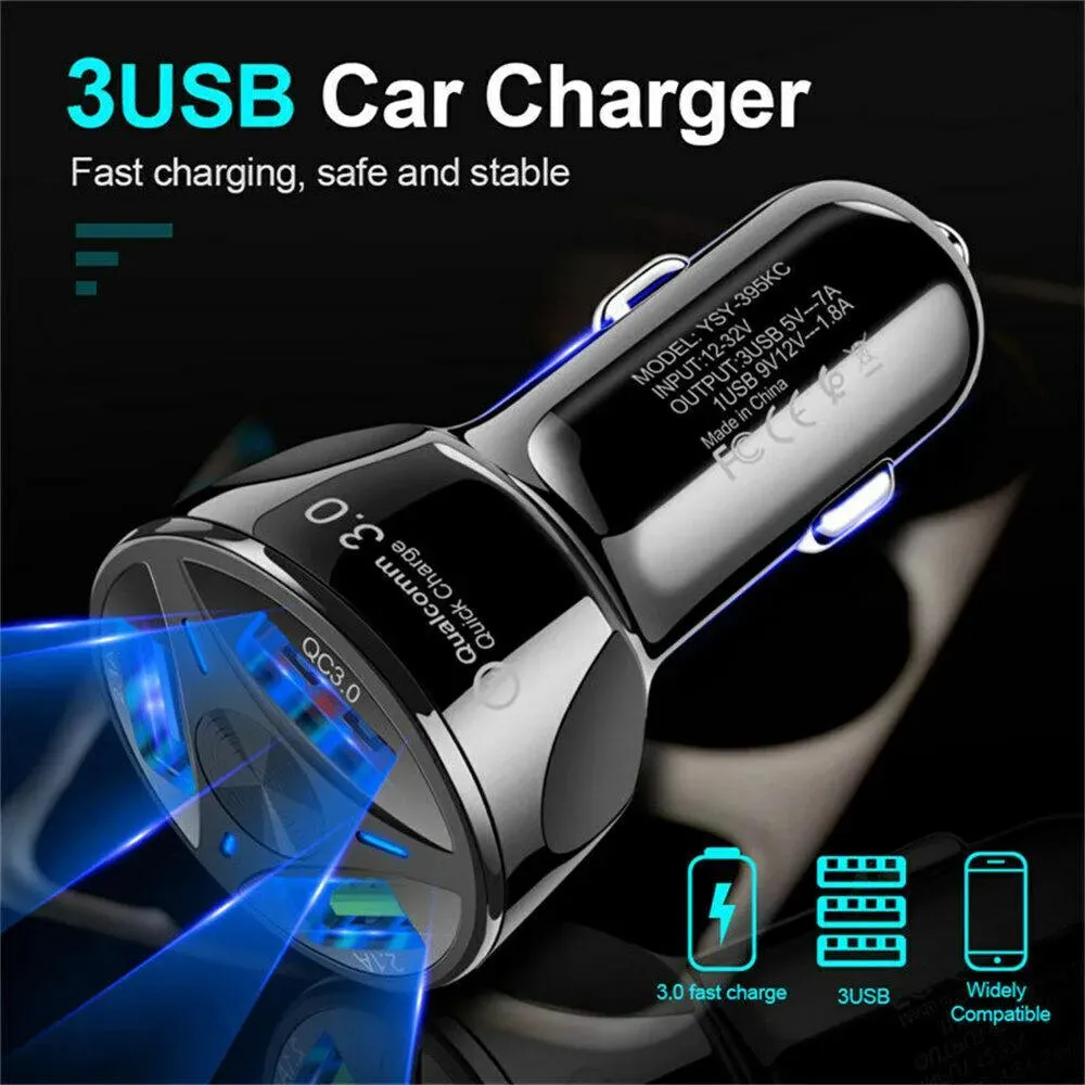 2 Pack 3 Port USB Fast LED Car Charger For Devices