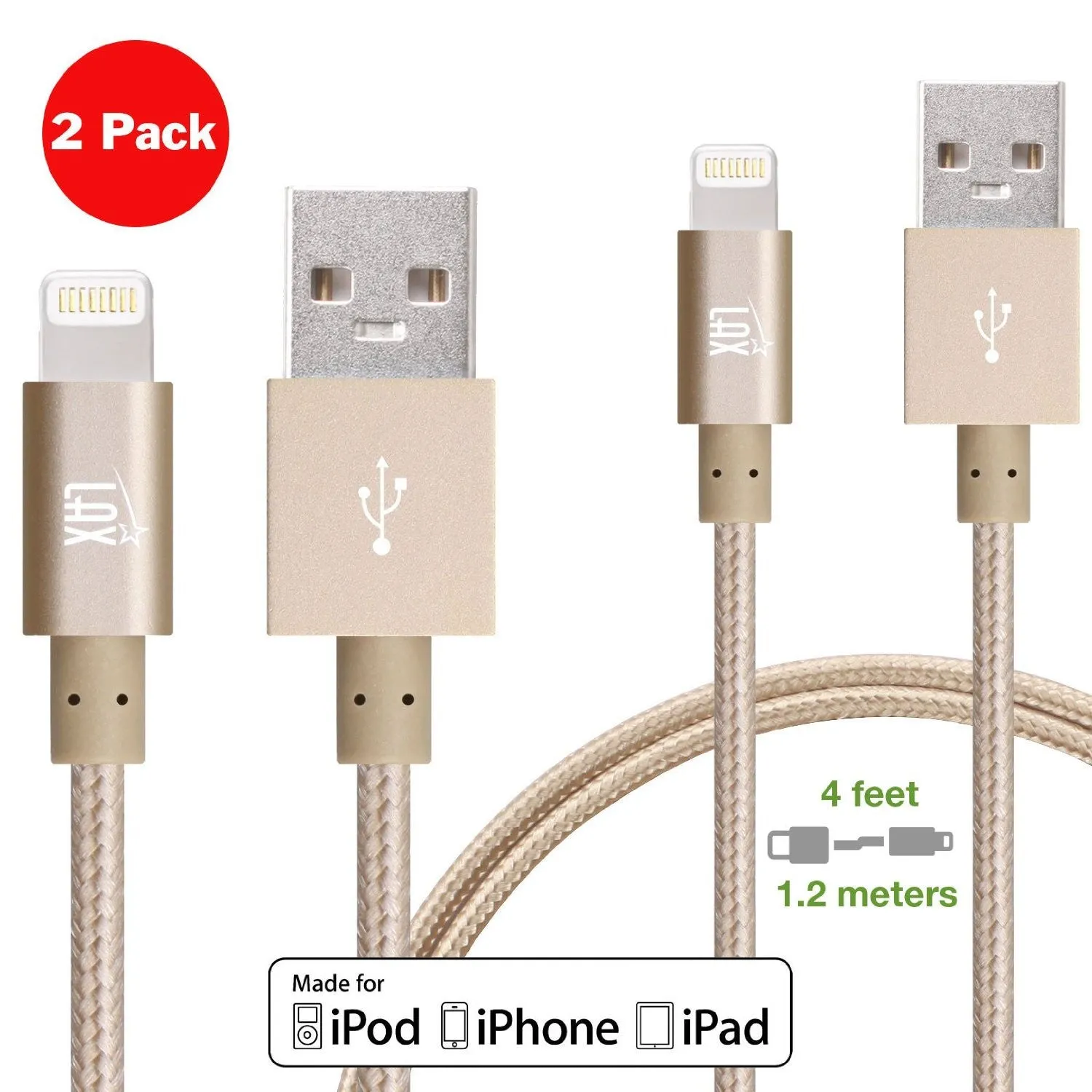 [2 Pack] iPhone charger, LAX Gadgets Lightning to USB Braided Cable (4ft) for iPhone 6s 6 Plus 5s 5c 5, iPad Pro Air 2, mini [Apple MFi Certified] (Gray)