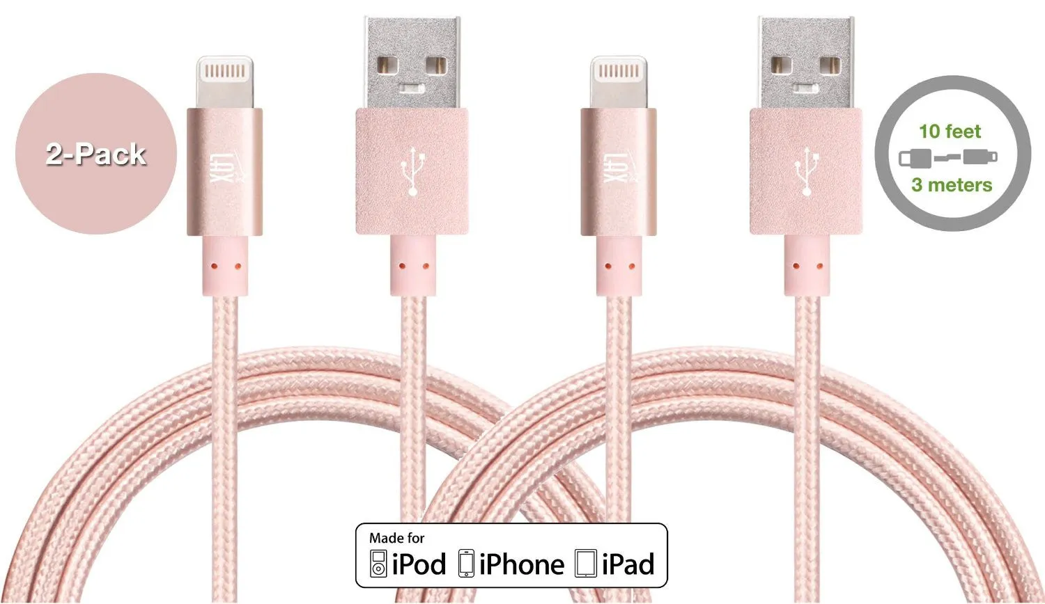 [2 Pack] LAX 10ft Long Apple MFi Certified iPhone Charger - Durable Braided Lightning Cord for iPhone 6s / 6s Plus / 6 / 6 Plus / 5s / 5c / 5 / iPad Air 2 / Air / Mini 4 / 3 / 2 / Pro / (Gold)