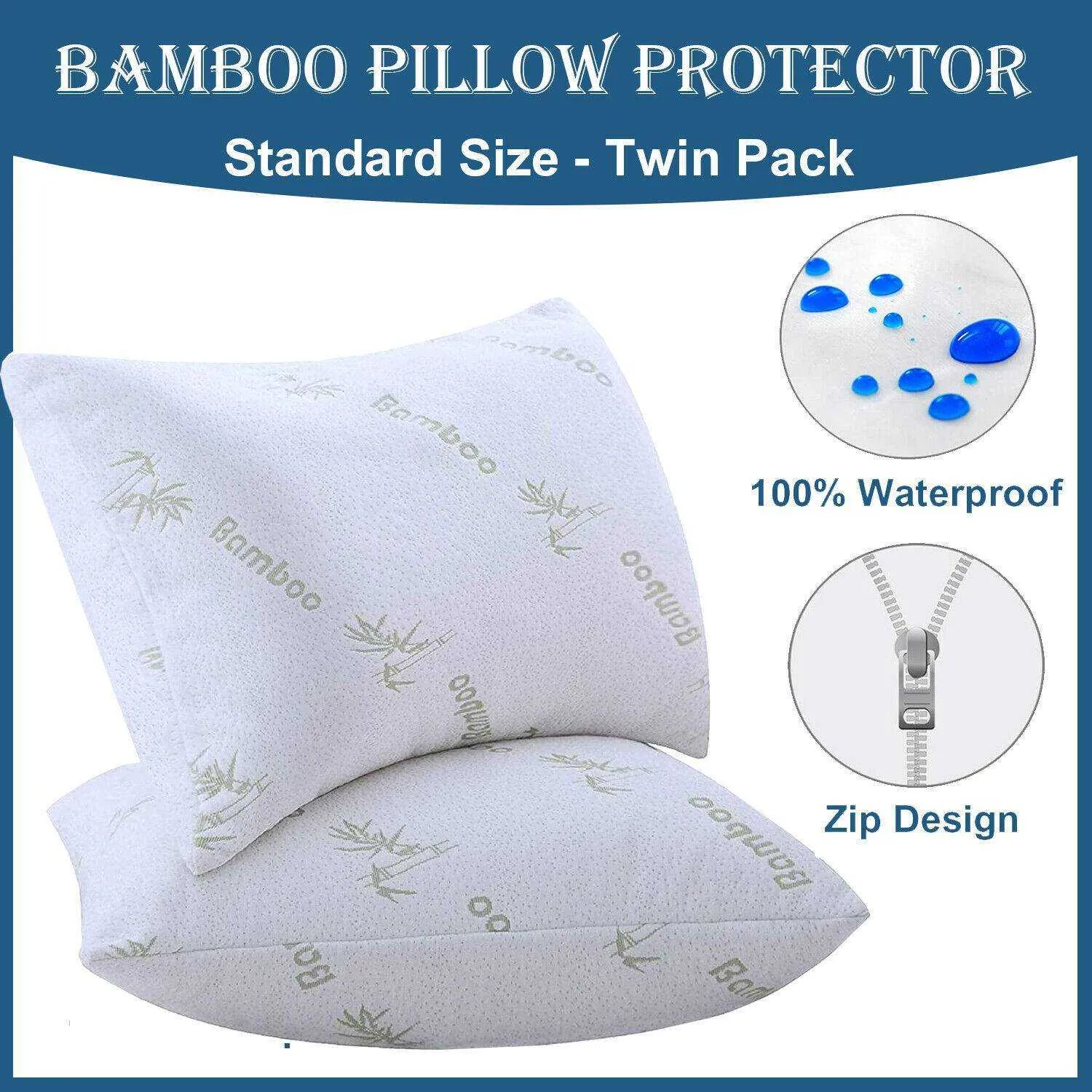 2PCS Waterproof Bamboo Pillow Protector Case Breathable Slip - Zipper Open