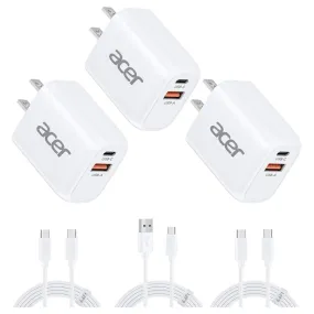 3-Pack Acer 20W Dual Port USB-A/USB-C Charger & 3-Pack 6.6' USB-C Cables