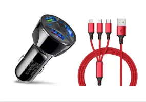 3 Port Fast LED Car Charger   3 in 1 Cable Combo Red