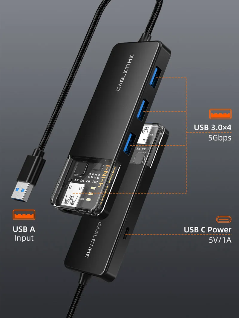 4 Port USB A 3.0 Hub Superspeed 5Gbps with Power Supply for laptop