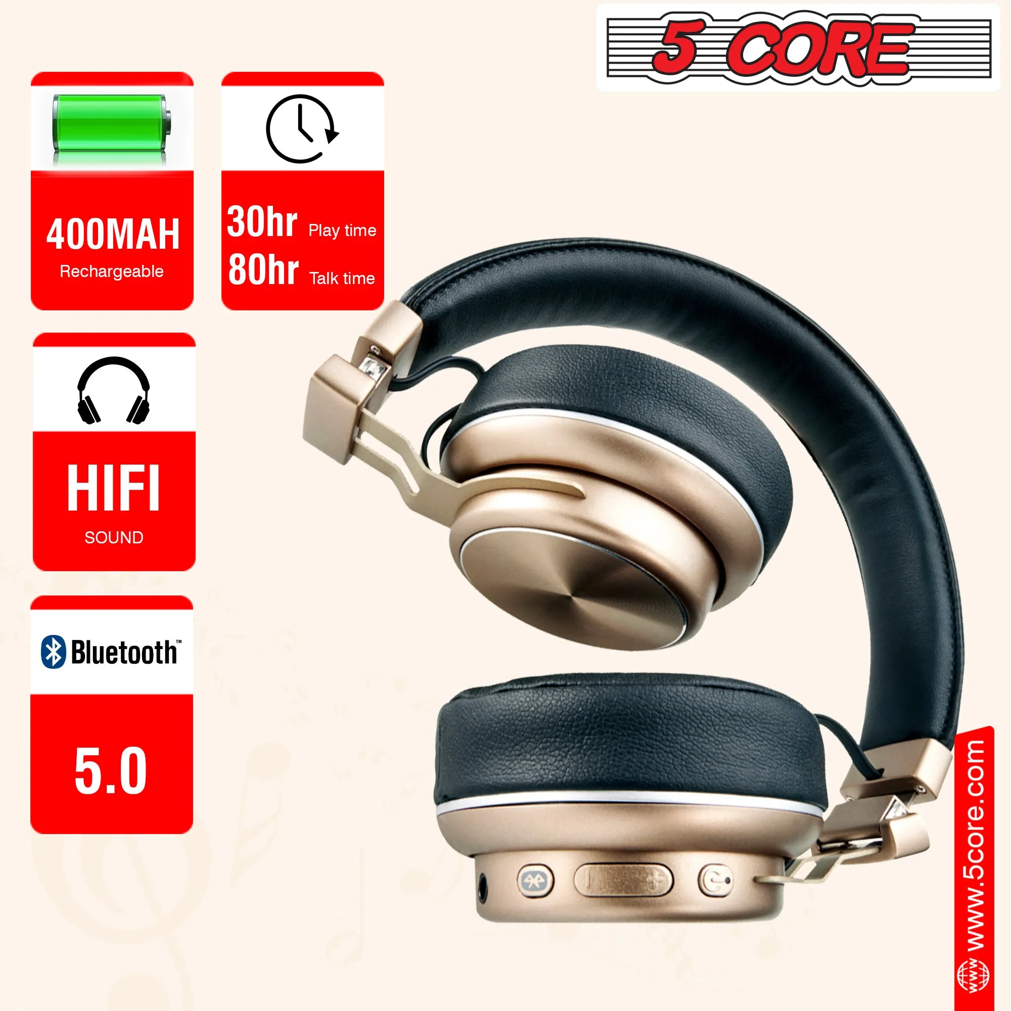 5 Core Bluetooth Wireless Premium 5.0 USB Over-Ear Foldable Headphones