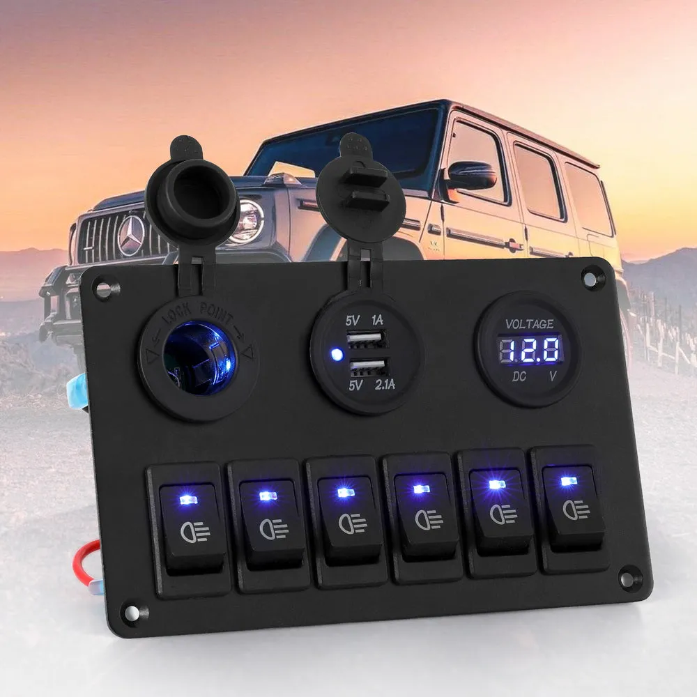 6 LED Rocker Switch Panel w/ USB, Voltage Monitoring - Giantz