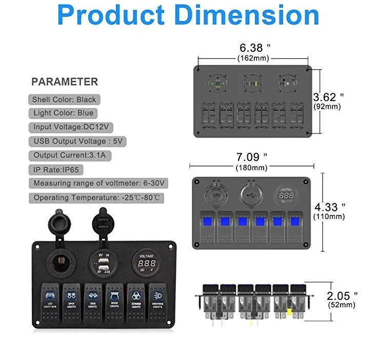 6 Switch Panel with Voltmeter & Dual USB Charger