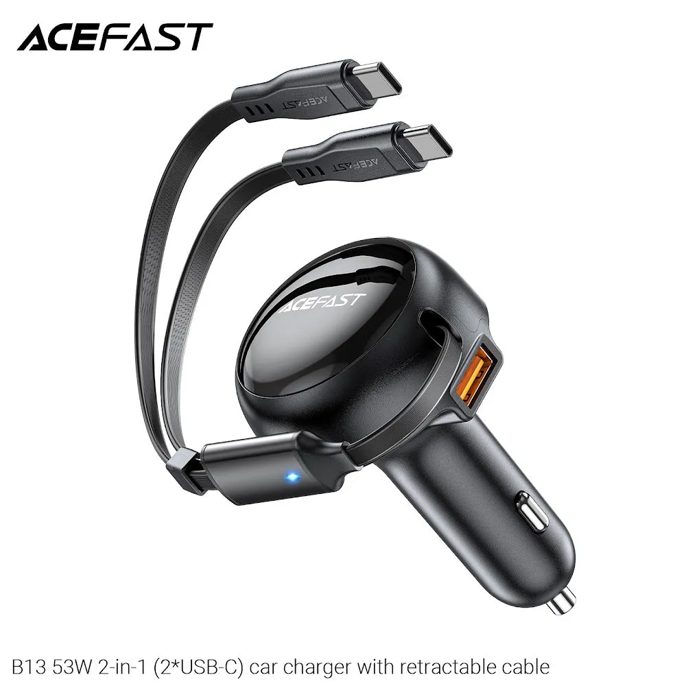 Acefast B13 53W 2-in-1 (2*USB-C) Car Charger With Retractable Cable - Black