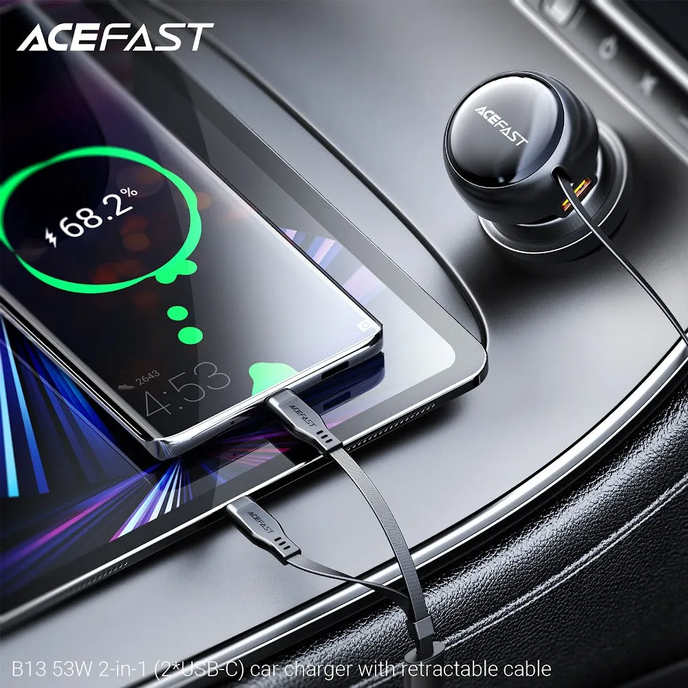 Acefast B13 53W 2-in-1 (2*USB-C) Car Charger With Retractable Cable - Black