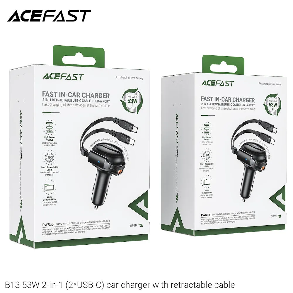 Acefast B13 53W 2-in-1 (2*USB-C) Car Charger With Retractable Cable - Black