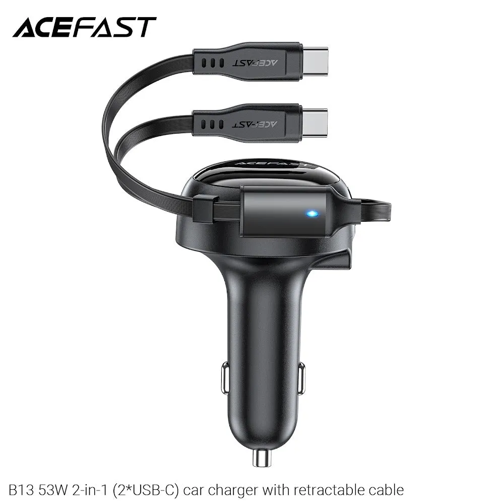 Acefast B13 53W 2-in-1 (2*USB-C) Car Charger With Retractable Cable - Black