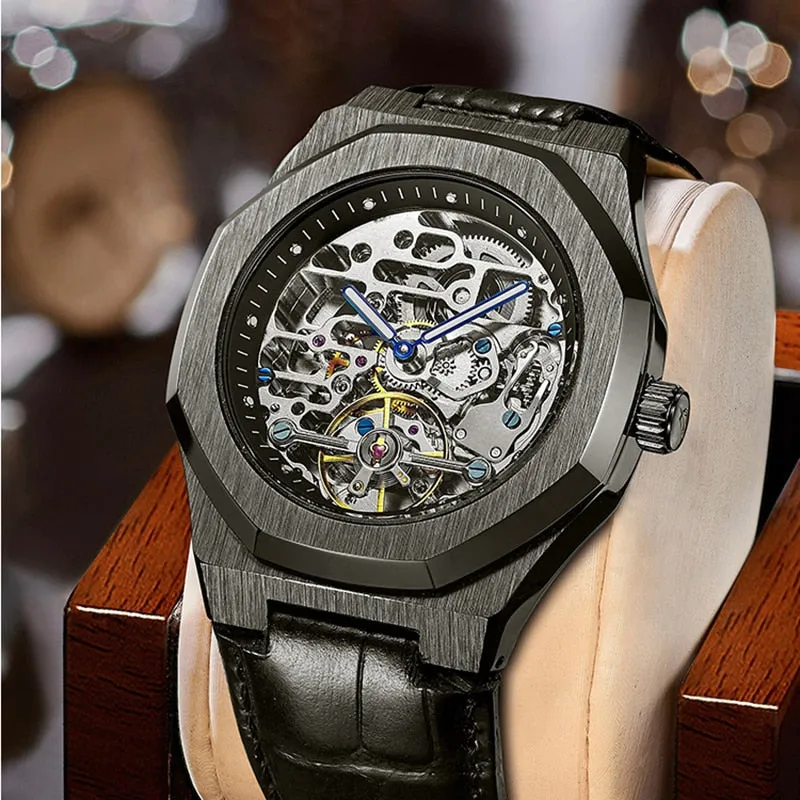 AILANG Men's Self-Winding Hollow Wine Barrel Mechanical Wristwatch