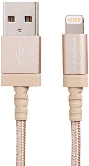 AmazonBasics Nylon Braided USB A to Lightning Compatible Cable - Apple MFi Certified - Gold (3 Feet/0.9 Meter)