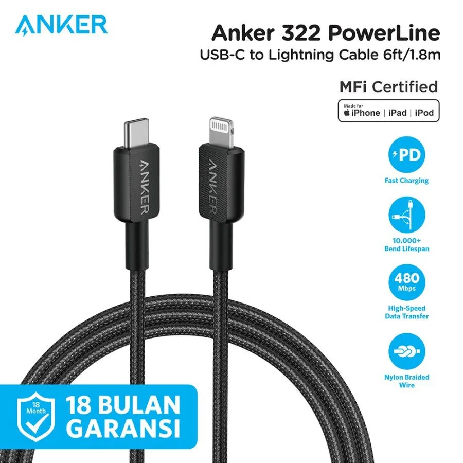 Anker 322 USB-C to Lightning Cable Braided (0.9m/3ft) -Black A81B5H11