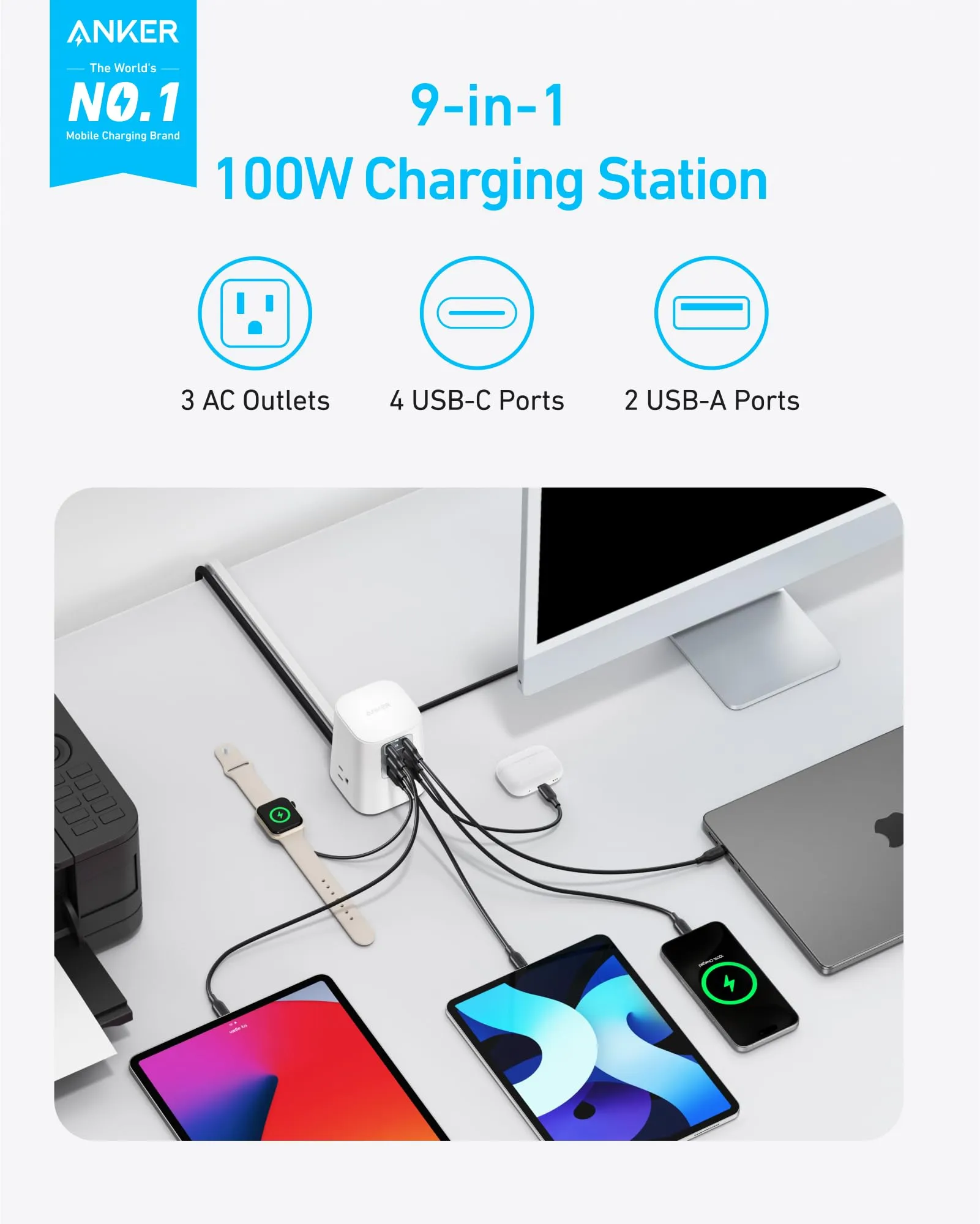 Anker Charging Station(100W), 9-in-1 USB C Power Strip with 300J Surge Protection, For iPhone 15 and MacBook, 5 ft Flat Cable and Plug, 4 USB-C and 2 USB-A Ports, 3 AC Outlets, For Home, Office[White]