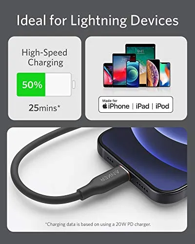 Anker Powerline III Flow, USB C to Lightning Cable for iPhone 12 Pro Max / 12/11 / XS/XR / 8 Plus, AirPods Pro, (6 ft) [MFi Certified] Supports Power Delivery, Silica Gel (Midnight Black)