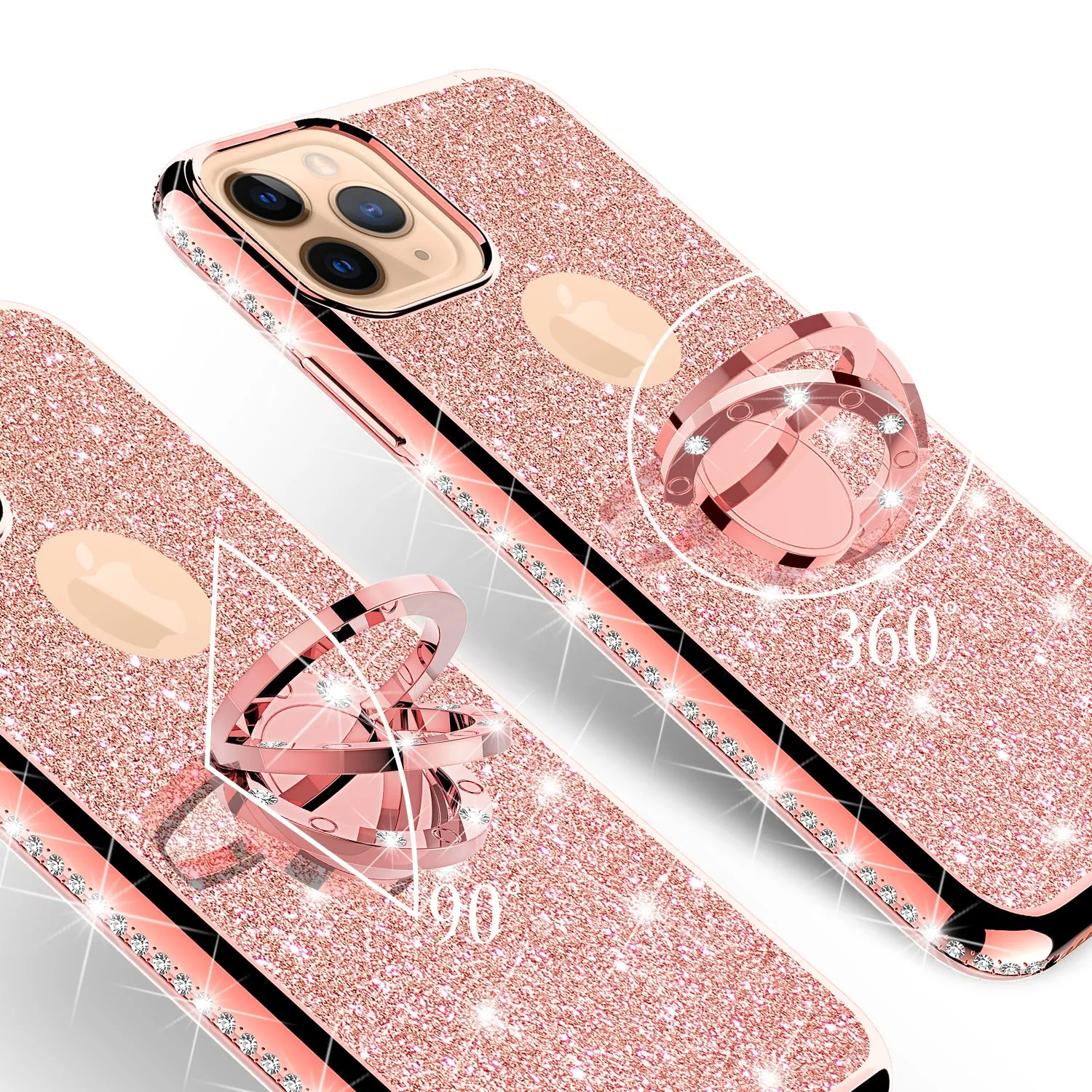 Apple iPhone 12 Case, Glitter Cute Phone Case Girls with Kickstand,Bling Diamond Rhinestone Bumper Ring Stand Sparkly Luxury Clear Thin Soft Protective Apple iPhone 12 Case for Girl Women - Rose Gold