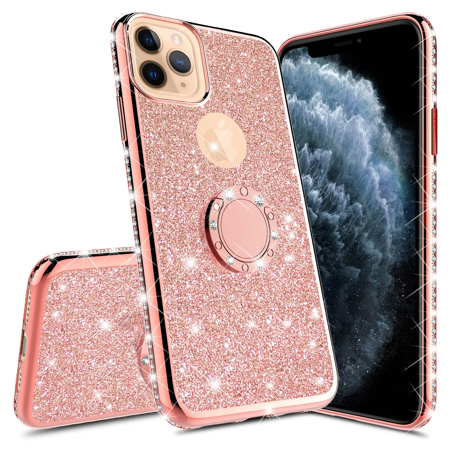 Apple iPhone 12 Case, Glitter Cute Phone Case Girls with Kickstand,Bling Diamond Rhinestone Bumper Ring Stand Sparkly Luxury Clear Thin Soft Protective Apple iPhone 12 Case for Girl Women - Rose Gold